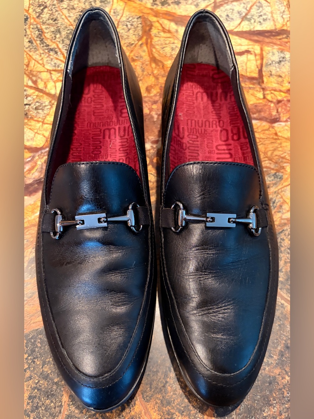 Munro Black Leather Bit Loafers with Red Insole